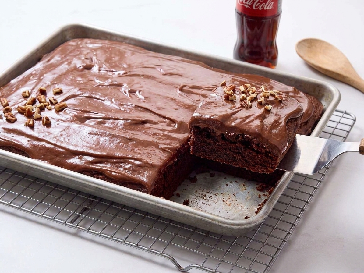 A glossy frosted Coca-Cola chocolate sheet cake in a metal baking pan on a warm kitchen counter, with one slice cut out to show the moist crumb