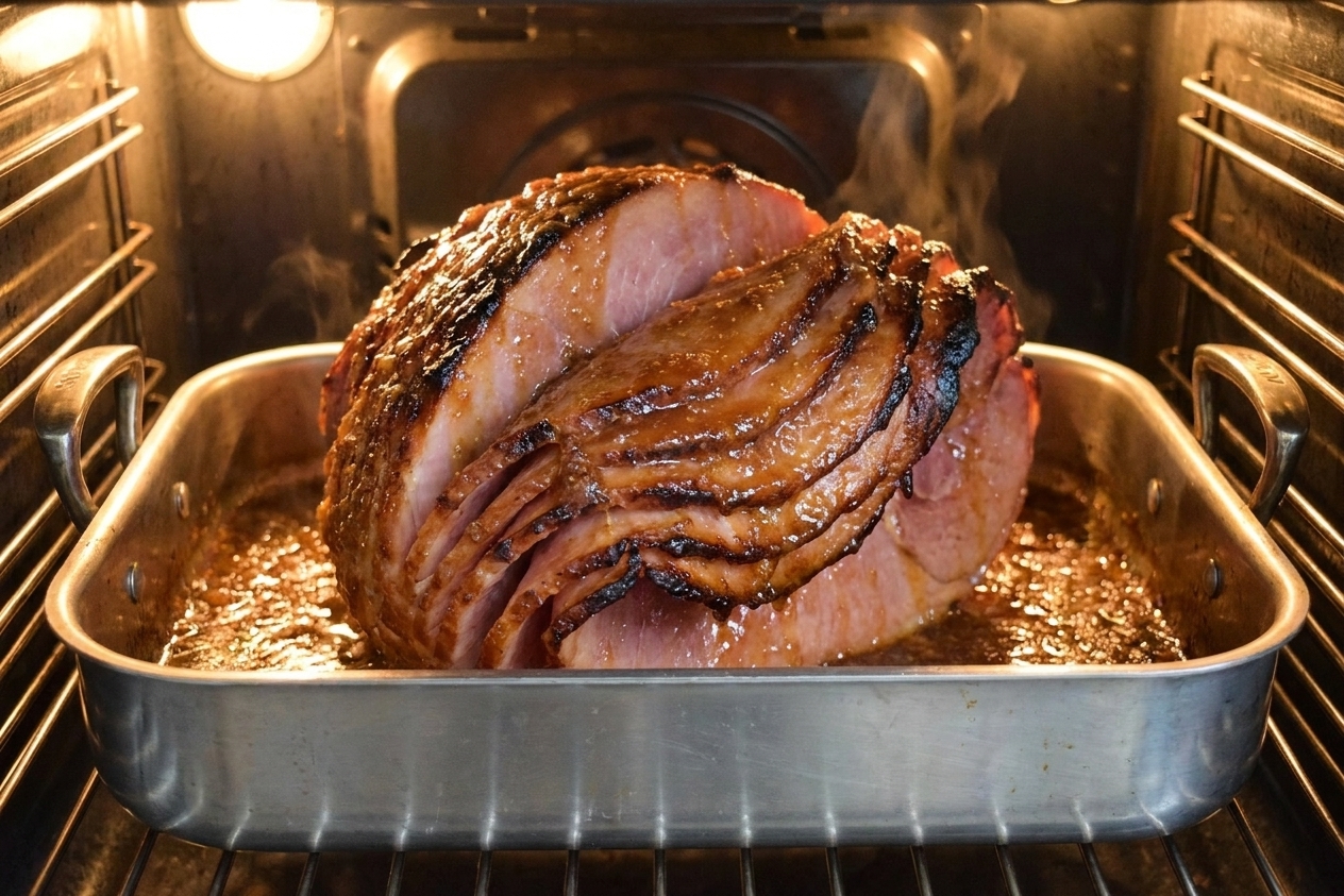 A glossy glazed spiral ham in a roasting pan on an oven rack, edges caramelizing under warm oven light