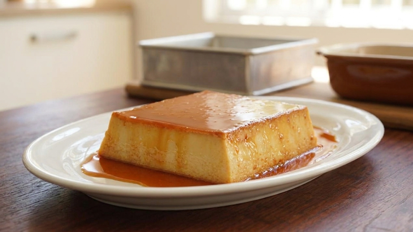 A glossy, golden leche flan unmolded onto a white serving platter with caramel syrup pooling around it on a warm-toned kitchen table