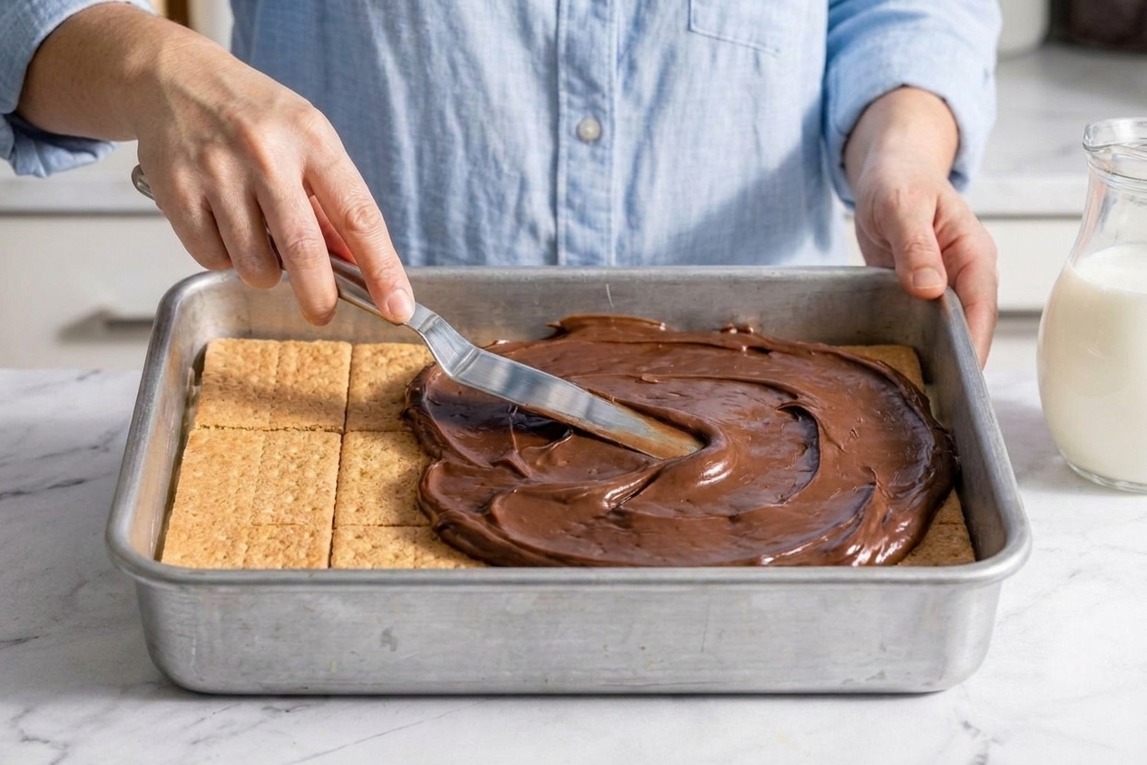 A glossy layer of chocolate frosting being spread across the top of a graham cracker layer in a chilled dessert pan