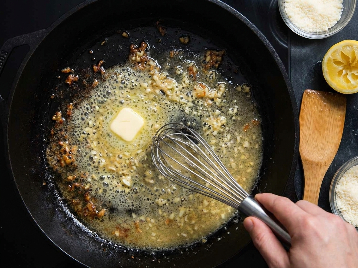 A glossy lemon-Parmesan pan sauce being whisked in the same skillet with visible browned bits, garlic, and a pat of butter melting