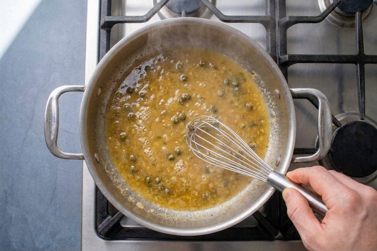 A glossy lemon caper pan sauce being whisked in a skillet on the stovetop with visible capers and steam rising