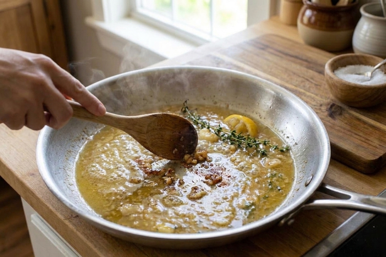 A glossy lemon garlic butter sauce bubbling gently in the same skillet while browned bits are scraped up with a wooden spoon