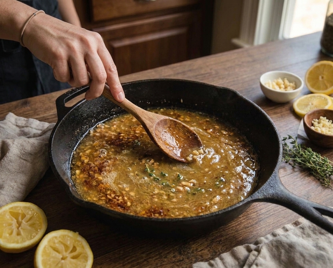 A glossy lemon garlic pan sauce being stirred in a skillet with browned bits dissolved into the liquid