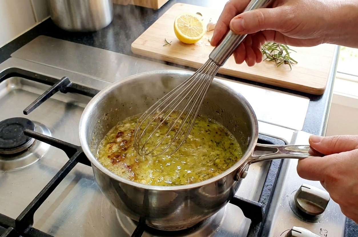 A glossy lemon pan sauce being whisked in a small saucepan on the stovetop