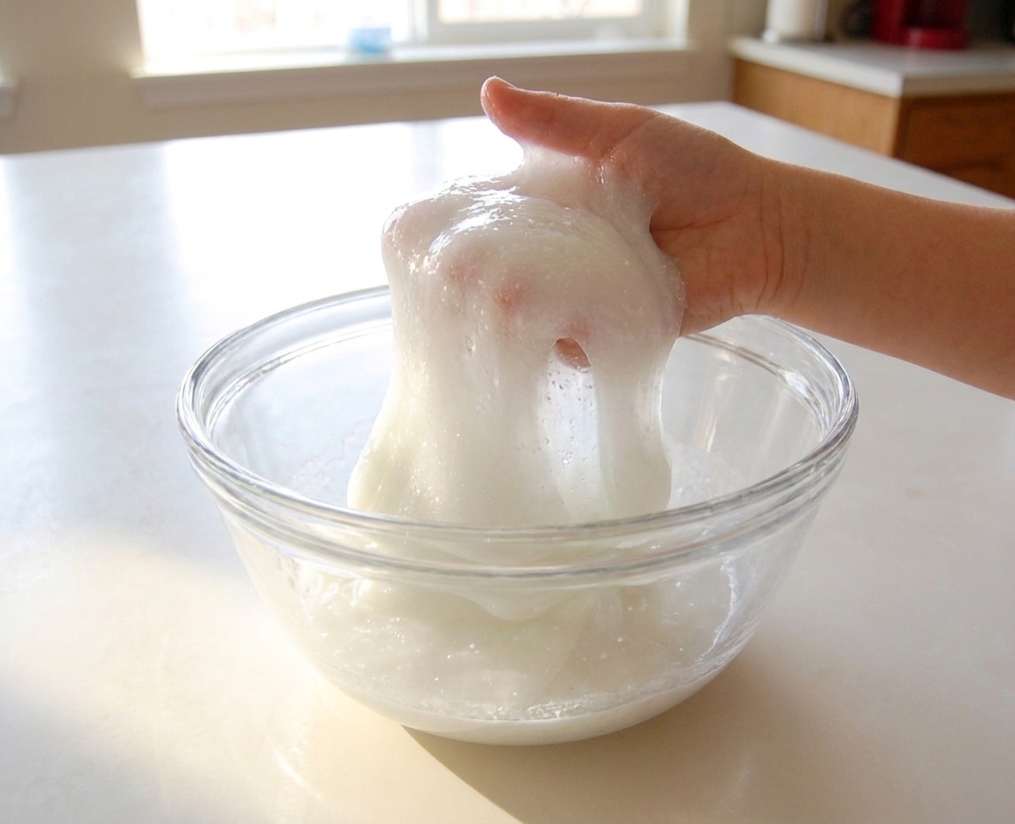 A glossy mound of clear and white borax slime being lifted from a glass mixing bowl on a bright kitchen counter