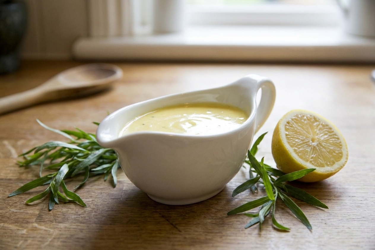 A glossy pale-yellow béarnaise sauce in a small ceramic sauce boat on a wooden table, with fresh tarragon sprigs and a lemon half nearby in soft natural kitchen light