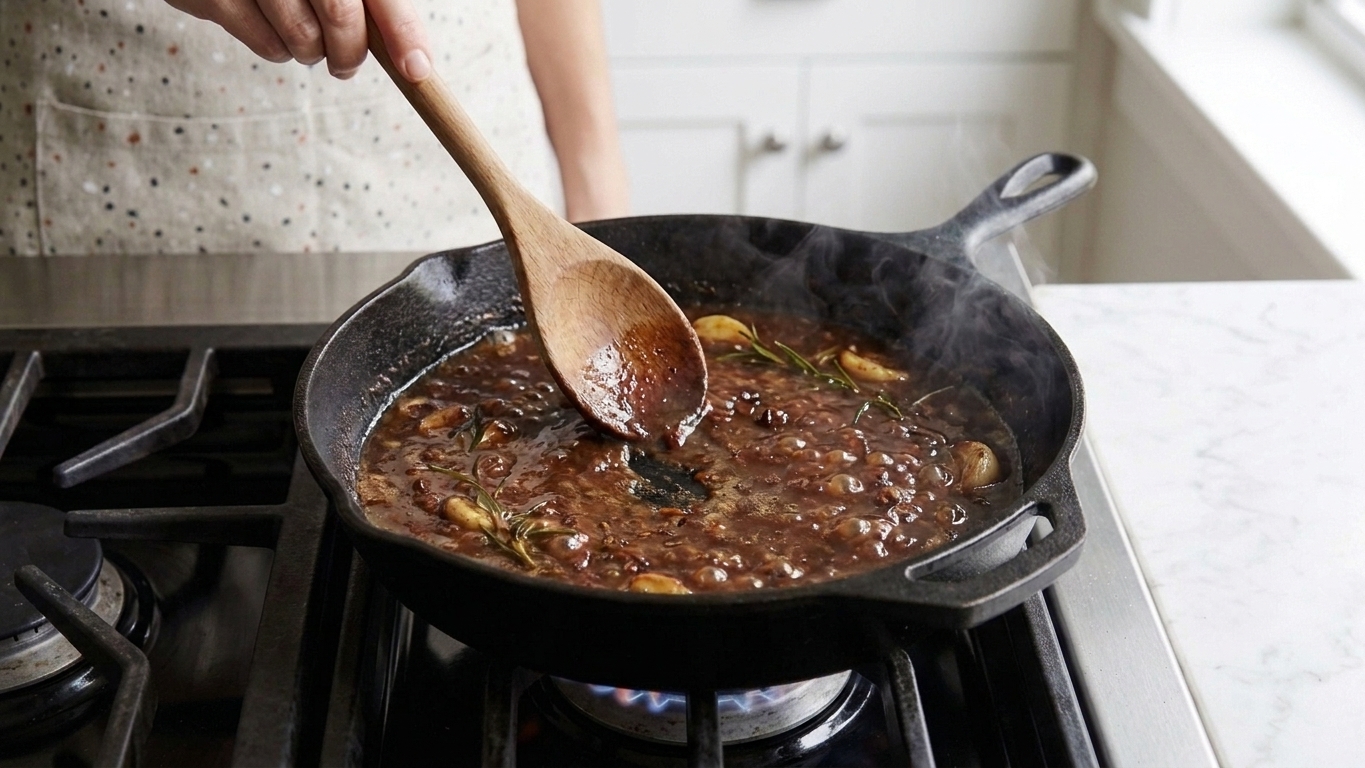 A glossy pan sauce simmering in the same skillet used for the roast, with a wooden spoon stirring up browned bits