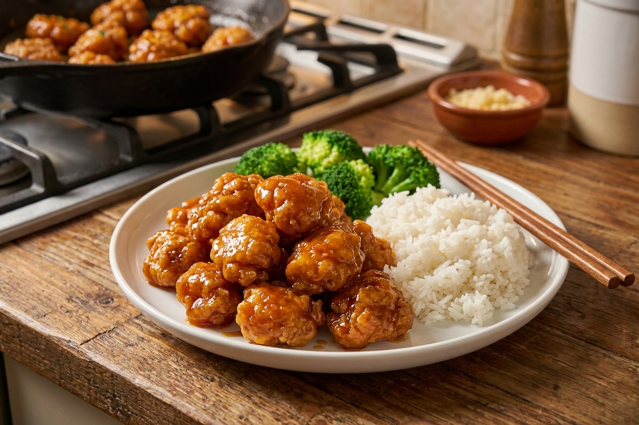 A glossy pile of orange chicken on a white plate served with steamed rice and broccoli on a warm wood table under soft kitchen lighting