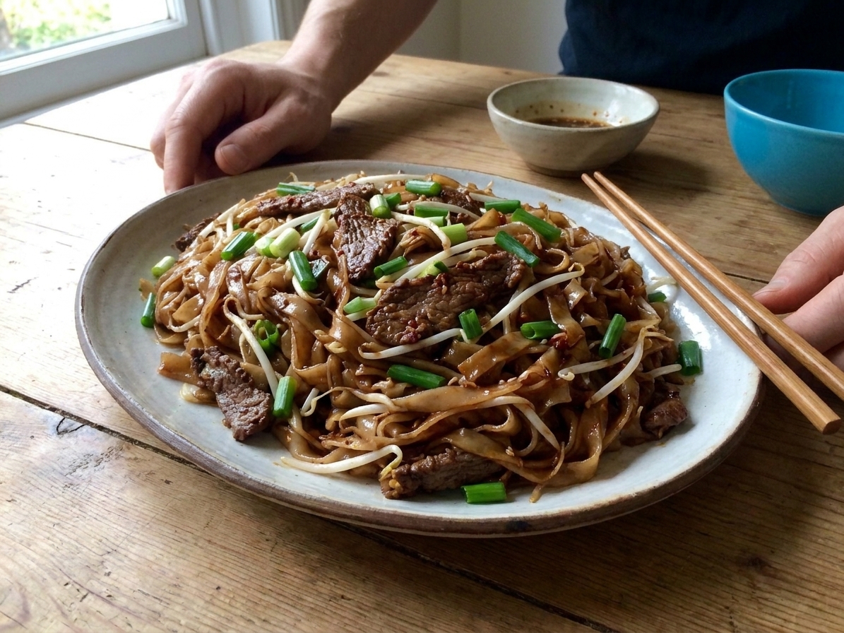 A glossy plate of beef chow fun with wide rice noodles, tender beef slices, bean sprouts, and scallions on a wooden table with chopsticks