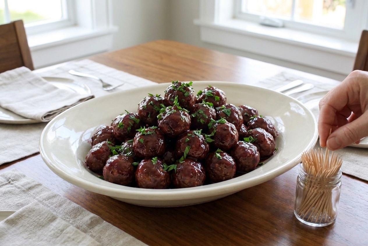 A glossy platter of grape jelly meatballs sprinkled with chopped parsley with toothpicks nearby on a warm kitchen table