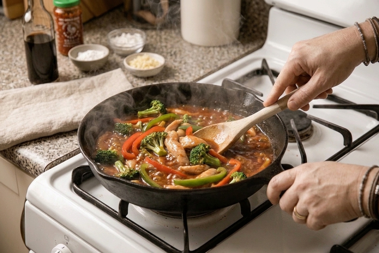 A glossy red-brown sauce bubbling and thickening around vegetables in a skillet as it is stirred