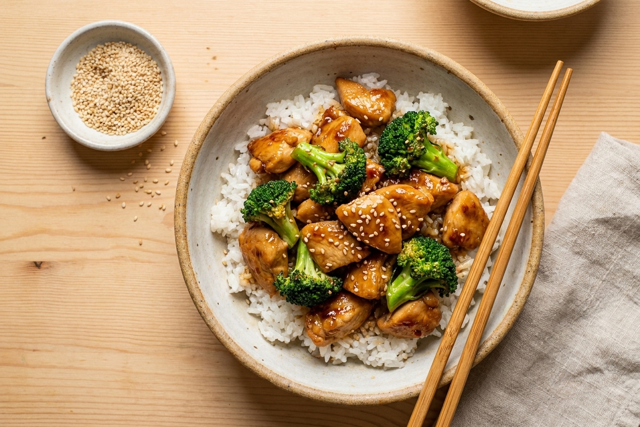 A glossy sesame-ginger chicken and broccoli rice bowl on a light wood table with chopsticks and a small dish of sesame seeds