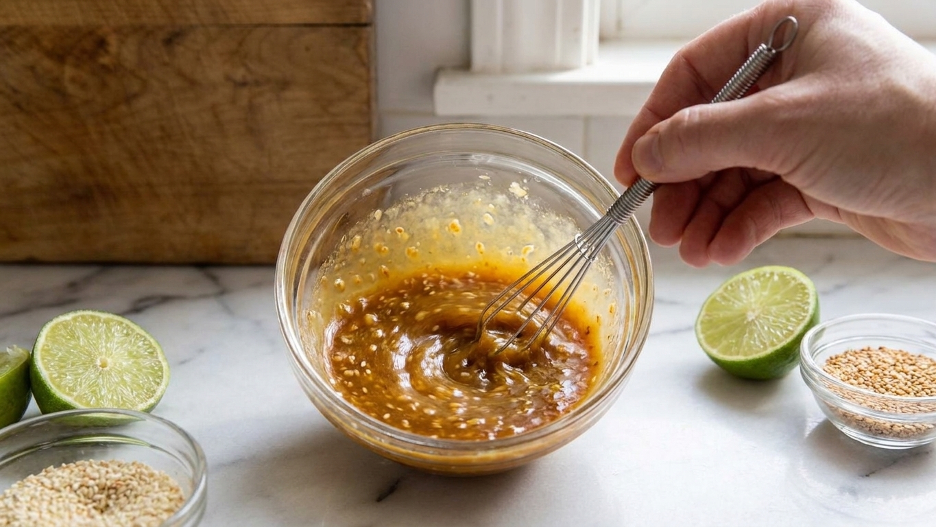 A glossy sesame lime dressing being whisked in a small glass bowl on a bright kitchen counter