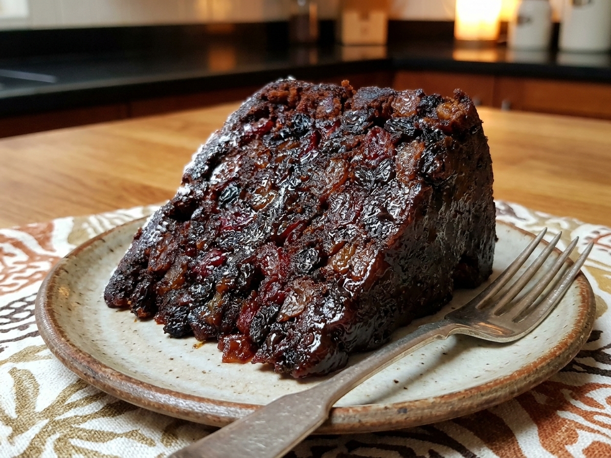 A glossy slice of Jamaican black cake on a small plate, showing a dark, moist crumb studded with soaked fruit, with a fork beside it on a cozy kitchen table