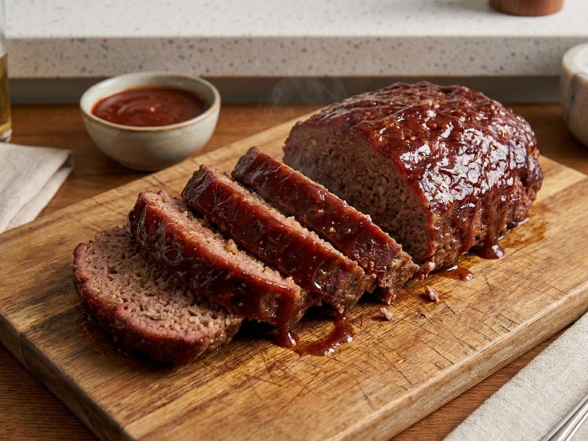 A glossy, sliced smoked meatloaf on a wooden cutting board with a sticky BBQ glaze and visible smoke ring, set on a warm kitchen counter