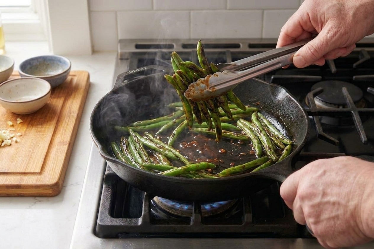 A glossy soy-garlic sauce being tossed with blistered green beans in a skillet using tongs