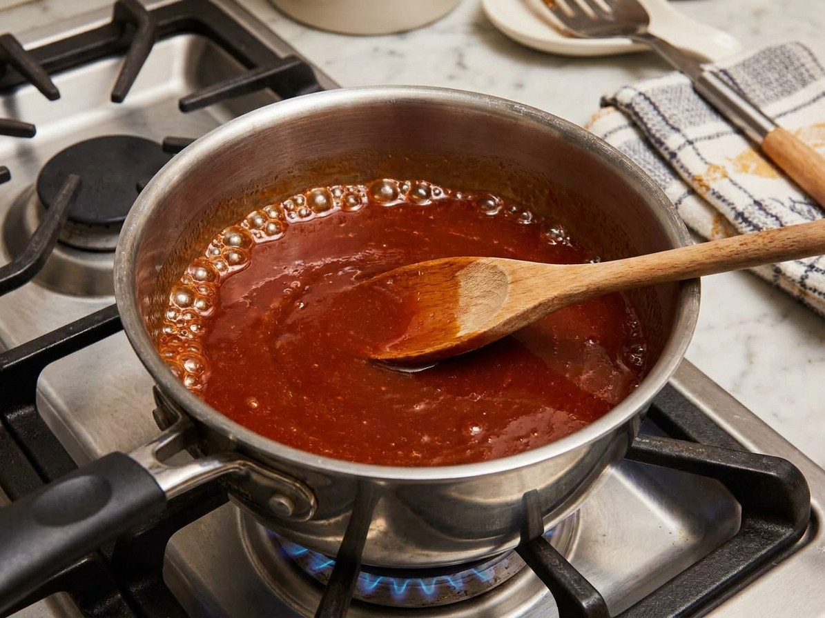 A glossy sweet and tangy sauce gently simmering in a saucepan on a stove with small bubbles around the edges