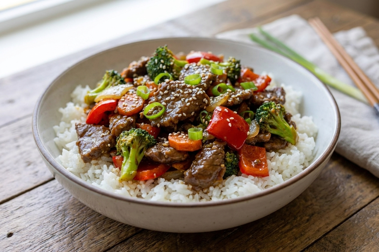 A glossy teriyaki beef bowl with steamed white rice, sesame seeds, and sliced green onions on a wooden table with soft natural light