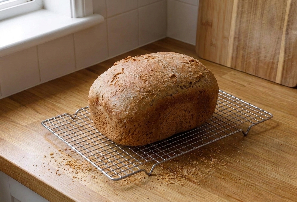 A gluten free bread loaf cooling on a wire rack on a kitchen counter with crumbs scattered nearby