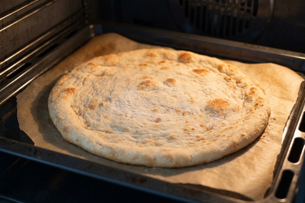 A gluten-free pizza base baking on a hot sheet pan inside an oven with the crust beginning to brown