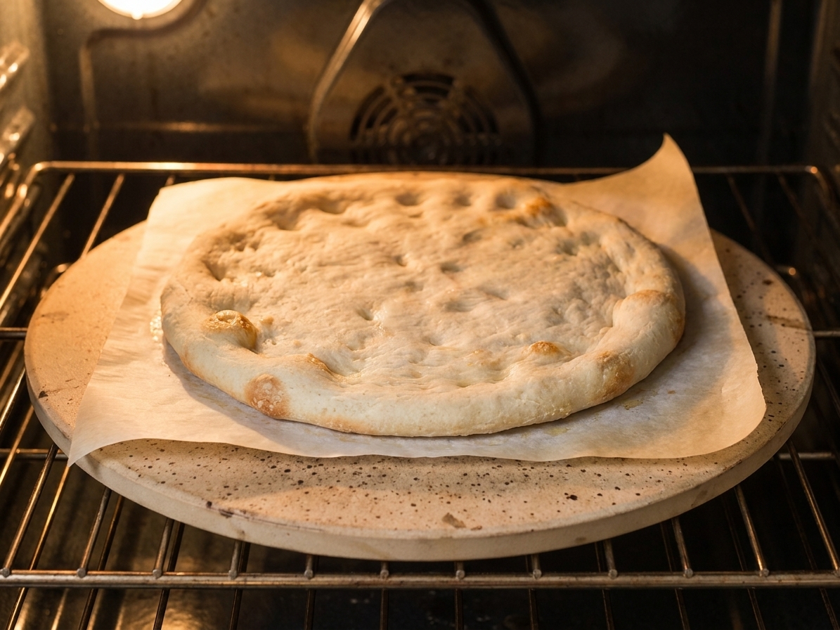 A gluten-free pizza crust on parchment paper being par-baked on a preheated pizza stone inside an oven, crust edges just starting to turn golden