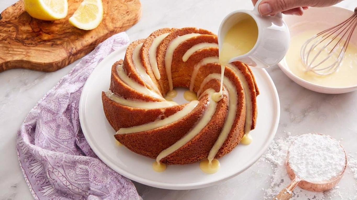 A golden Bundt cake on a white cake stand while glossy lemon icing is being drizzled over the top, pooling slightly in the ridges on a bright kitchen counter