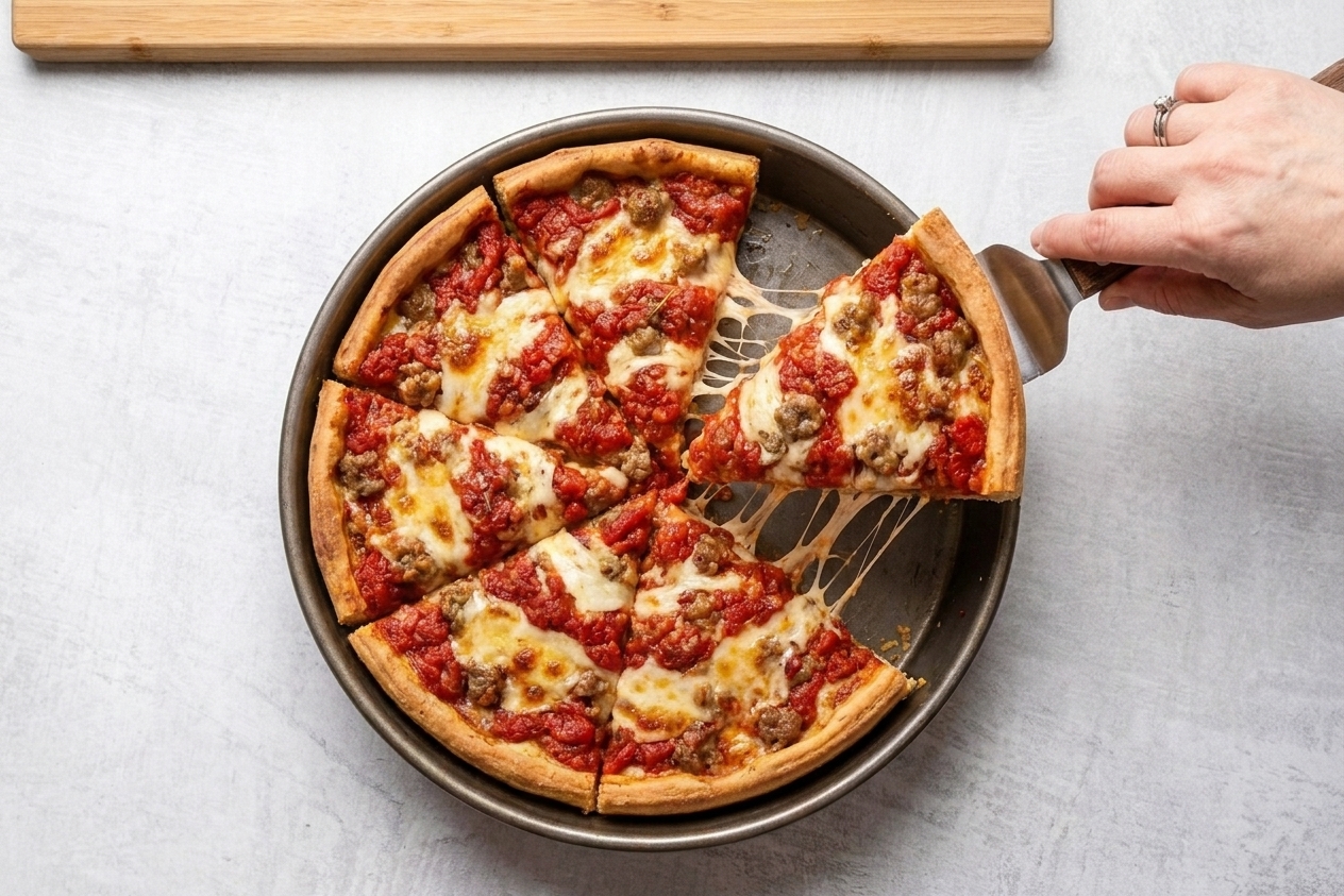 A golden Chicago-style deep dish pizza in a dark metal pan with a thick crust, chunky tomato sauce on top, and one slice lifted showing stretchy mozzarella