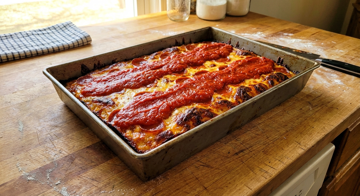 A golden Detroit-style pizza in a rectangular pan with crispy caramelized cheese edges and bright red sauce stripes on top, sitting on a wooden counter