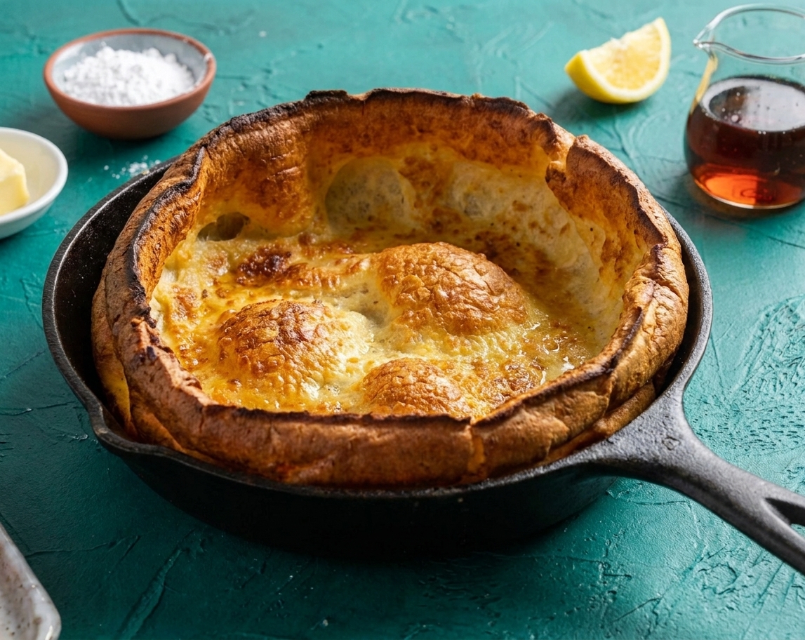 A golden Dutch baby pancake puffed high in a cast iron skillet on a bright kitchen counter, edges deeply browned and crisp