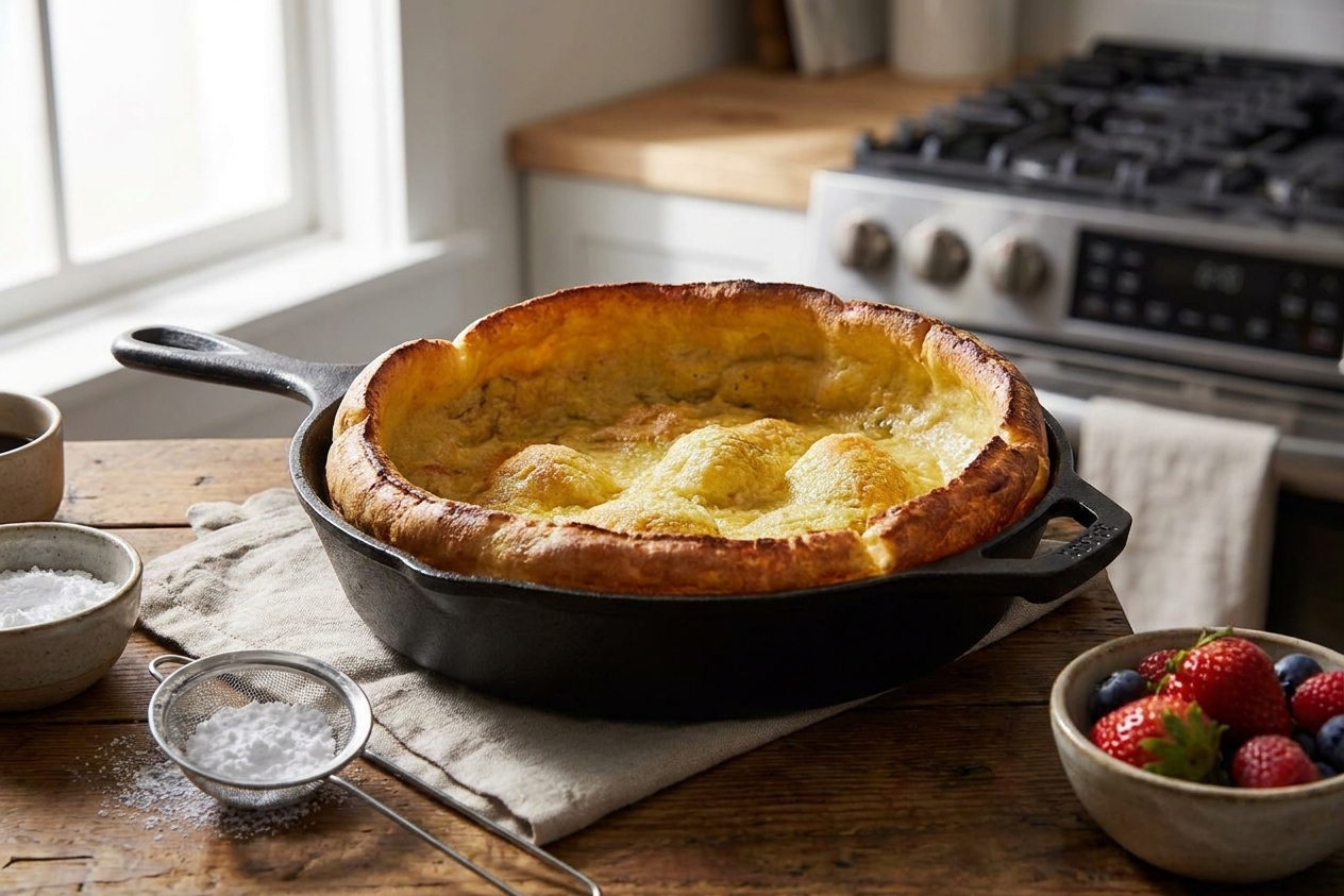 A golden Dutch baby pancake puffed high in a cast iron skillet on a kitchen counter, with crisp browned edges and a soft custardy center, morning light