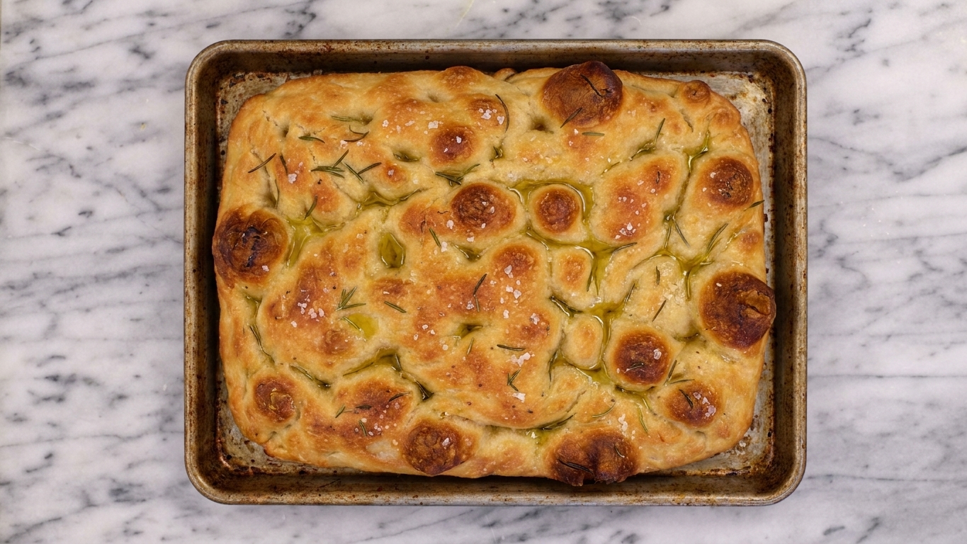 A golden Italian focaccia on a metal sheet pan, deeply dimpled with olive oil pools, topped with rosemary needles and flaky salt