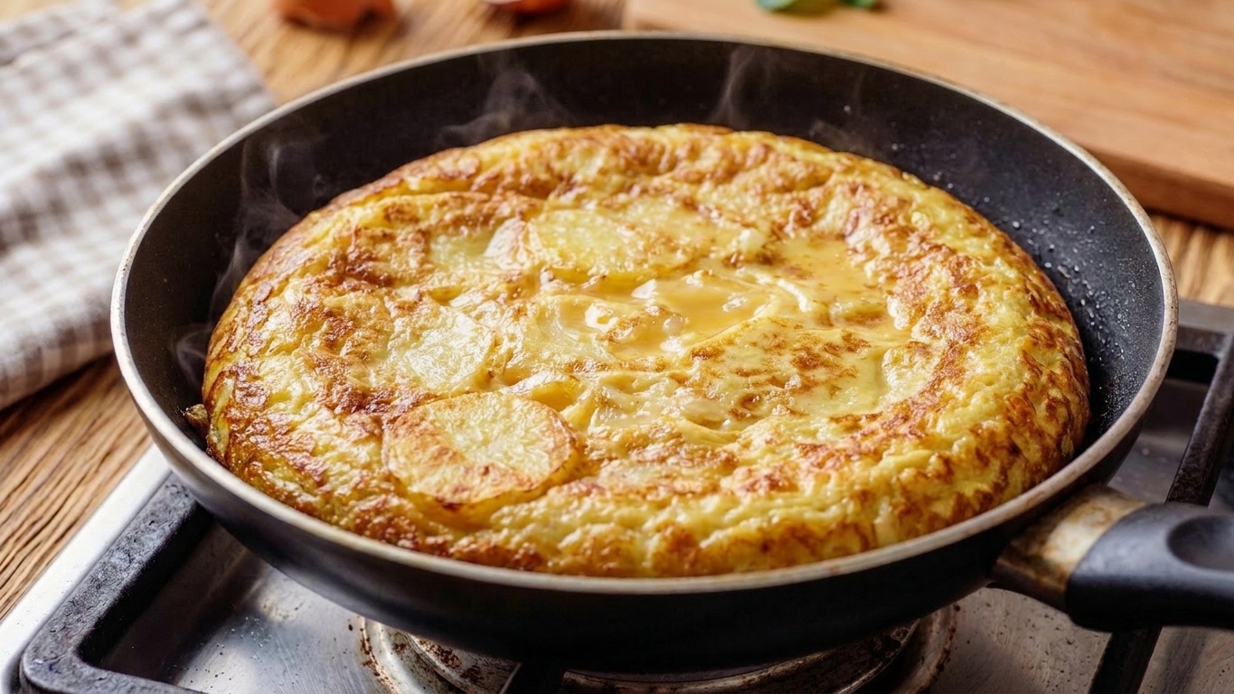 A golden Spanish tortilla in a nonstick skillet on a home stove, edges set and center slightly jiggly, warm kitchen lighting
