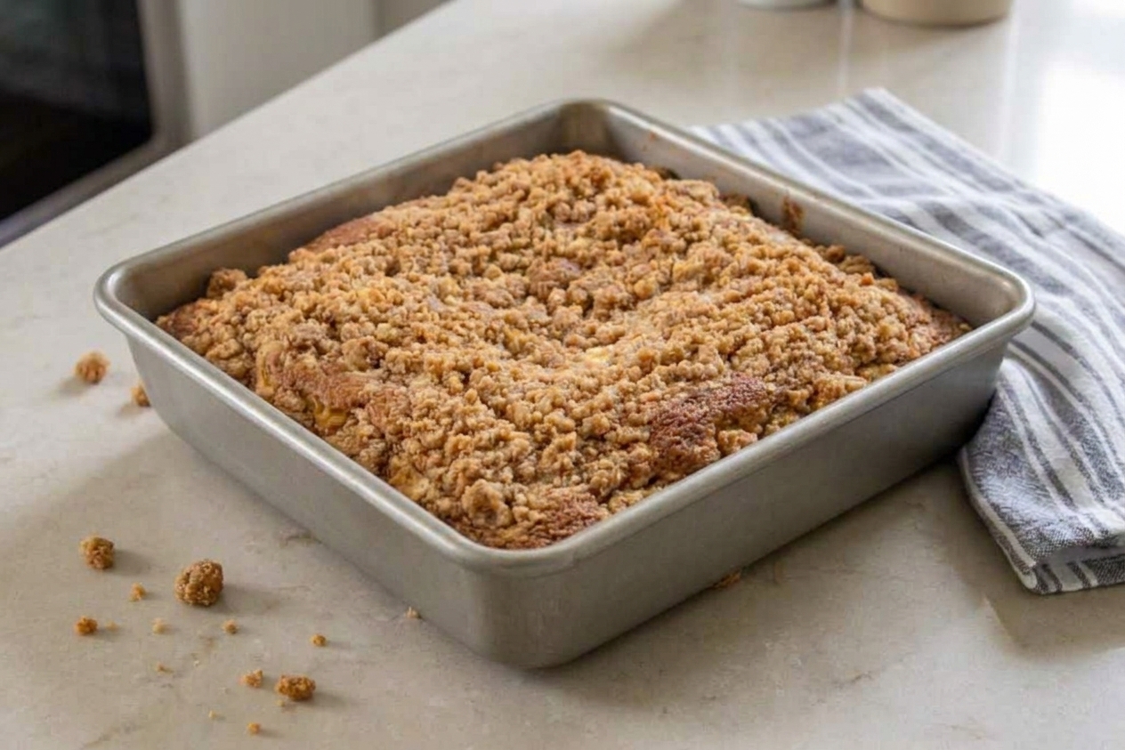 A golden apple coffee cake baked in a square pan with a thick cinnamon streusel topping, sitting on a light stone kitchen counter with a small crumb scatter