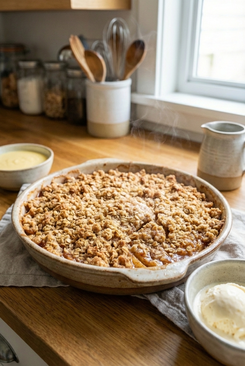 A golden apple crumble cooling in a baking dish on a countertop