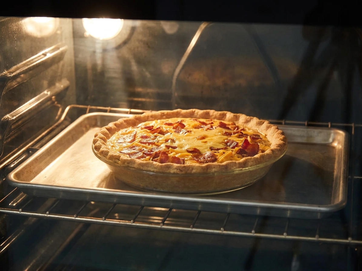 A golden bacon quiche baking on a sheet pan inside an oven with the top lightly browned