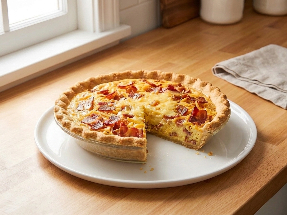 A golden bacon quiche with a flaky crust on a white plate, one slice removed to show the creamy custard and crisp bacon pieces, set on a bright kitchen table