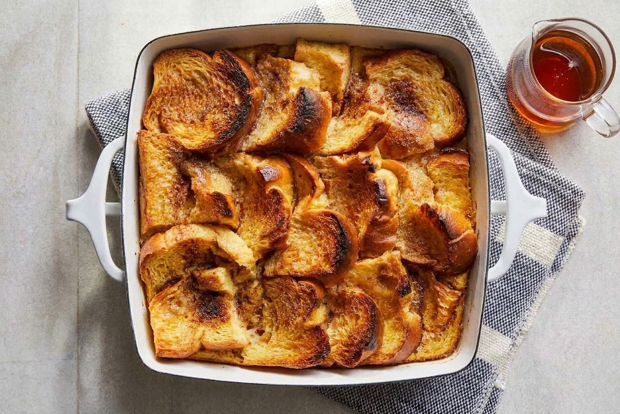 A golden baked French toast casserole in a ceramic baking dish on a light kitchen counter, with a crisp cinnamon sugar top and maple syrup nearby