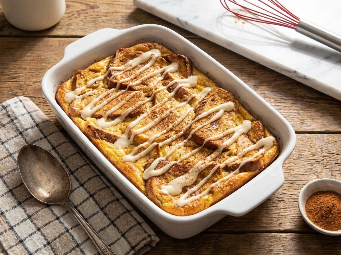 A golden baked French toast casserole in a white baking dish on a cozy kitchen table, topped with a light cream cheese drizzle and a sprinkle of cinnamon
