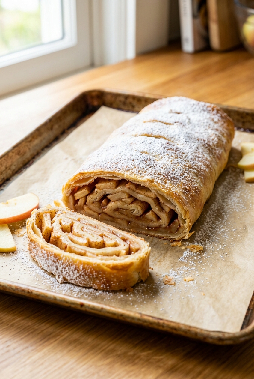 A golden baked apple strudel on a parchment-lined baking sheet with powdered sugar and sliced apples showing the spiral layers