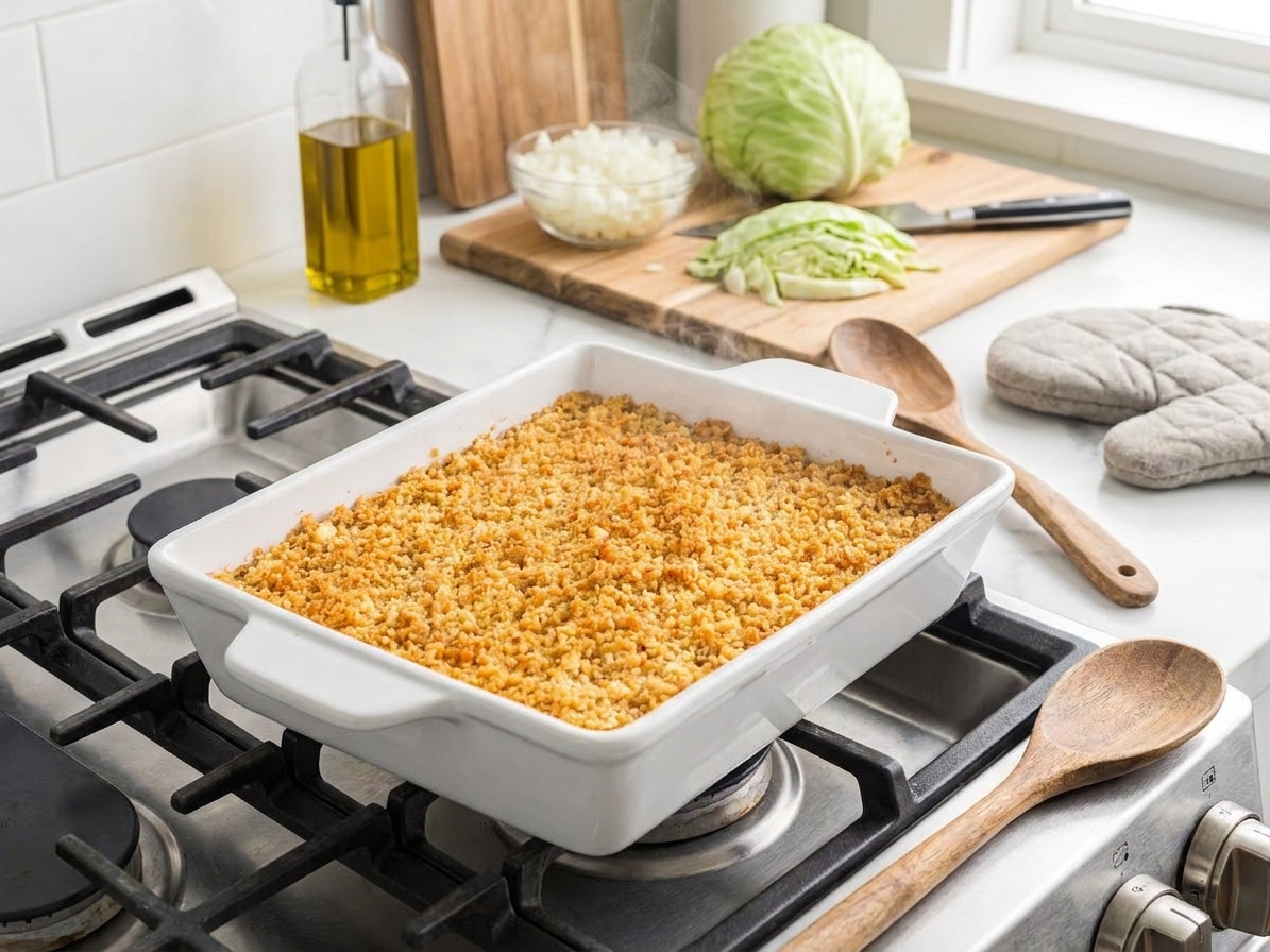 A golden baked cabbage casserole fresh from the oven with bubbling edges and a crisp cracker topping in a rectangular baking dish on a stovetop