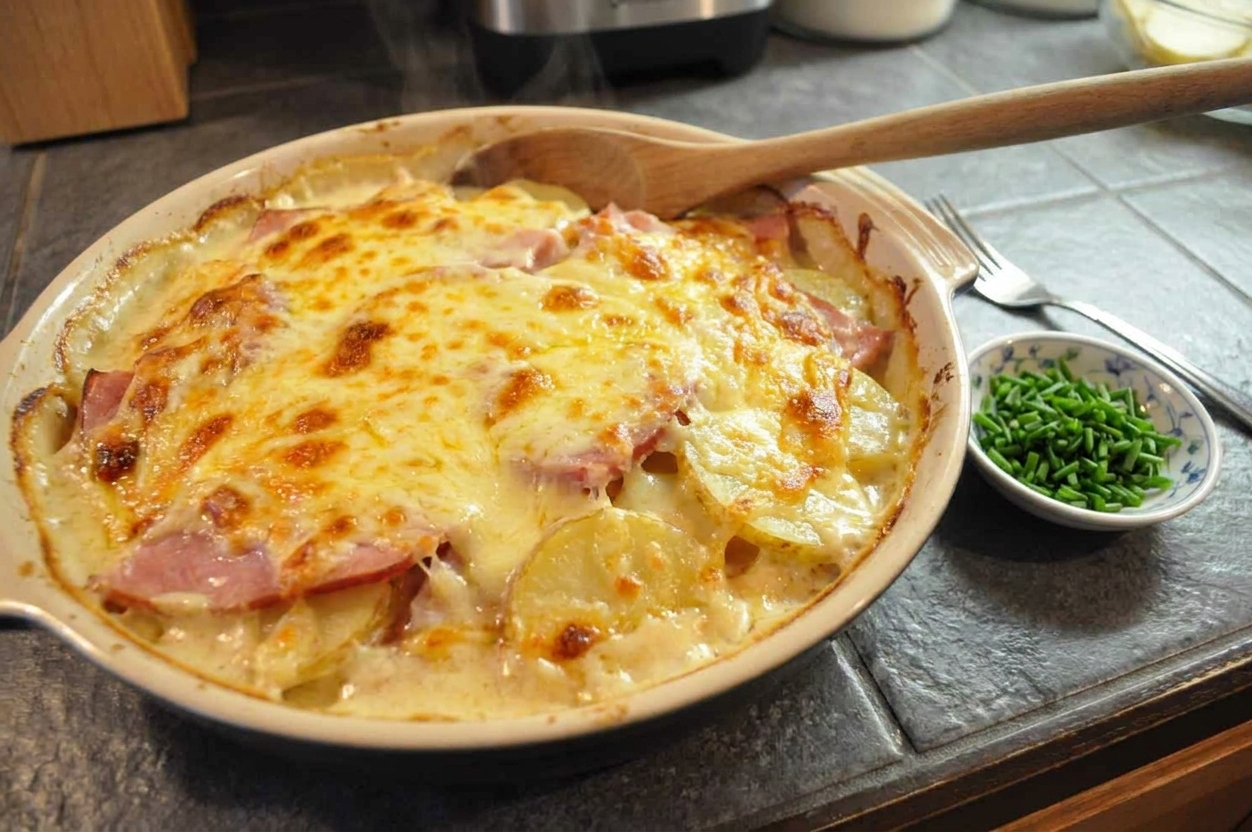 A golden baked casserole of ham and scalloped potatoes in a ceramic baking dish, bubbling cream sauce and browned cheese on top on a warm kitchen counter
