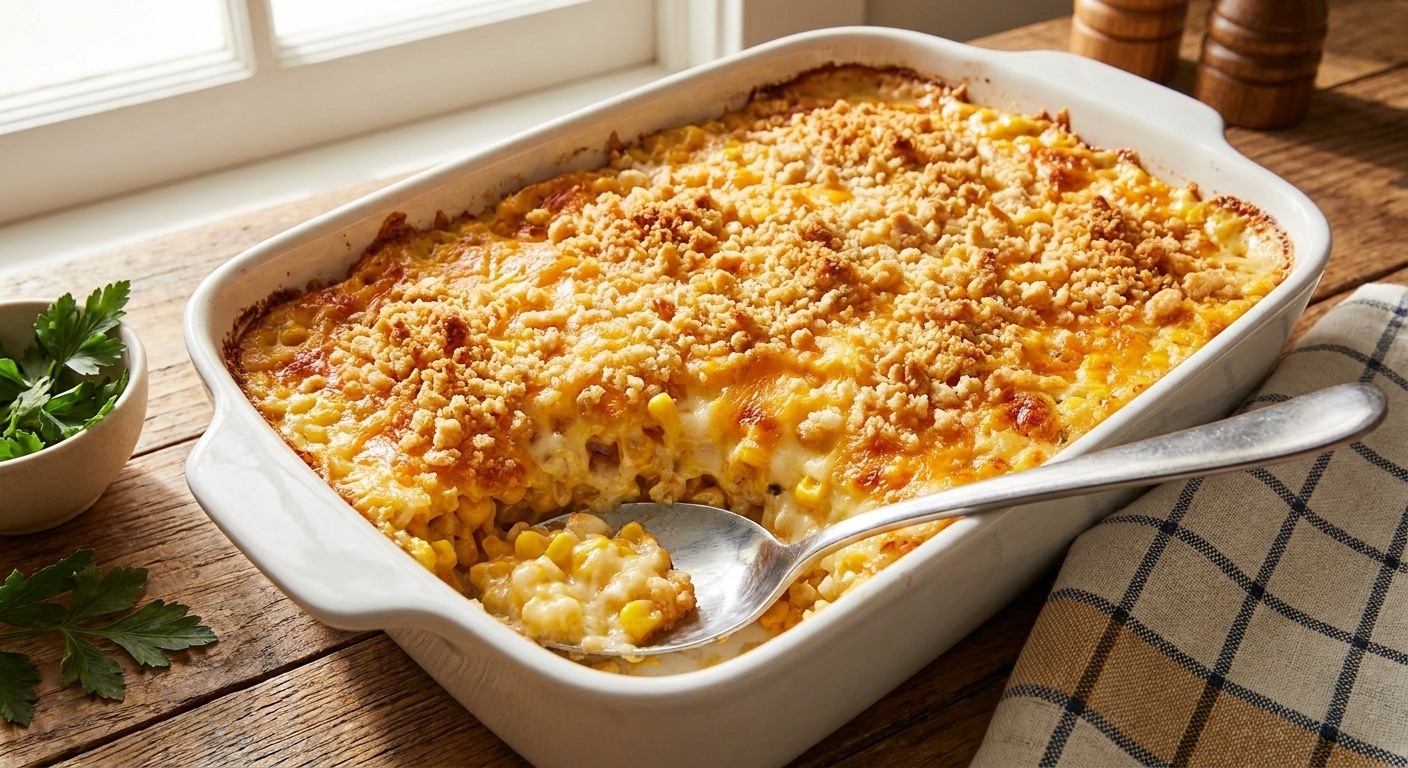 A golden baked cheesy scalloped corn casserole in a white ceramic baking dish on a wooden table, with a crisp buttery cracker topping and a spoon scoop taken out, warm kitchen lighting