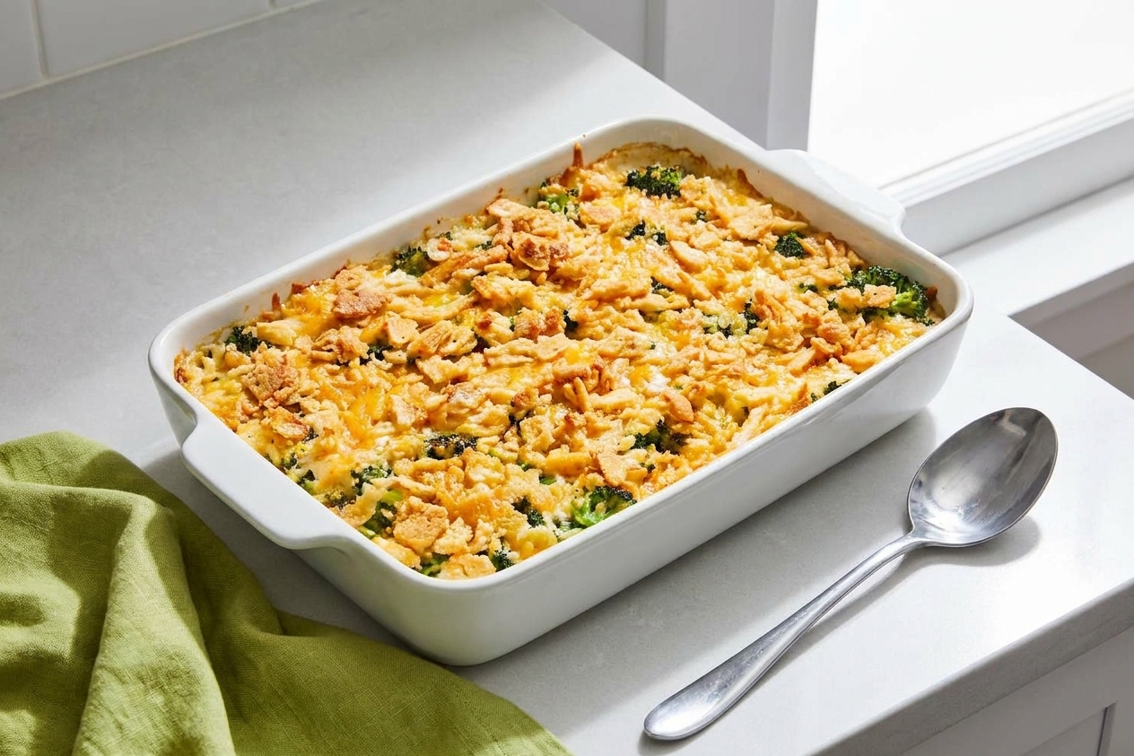 A golden baked chicken and broccoli casserole in a white ceramic baking dish on a light kitchen counter, with a crisp buttery topping and a serving spoon nearby
