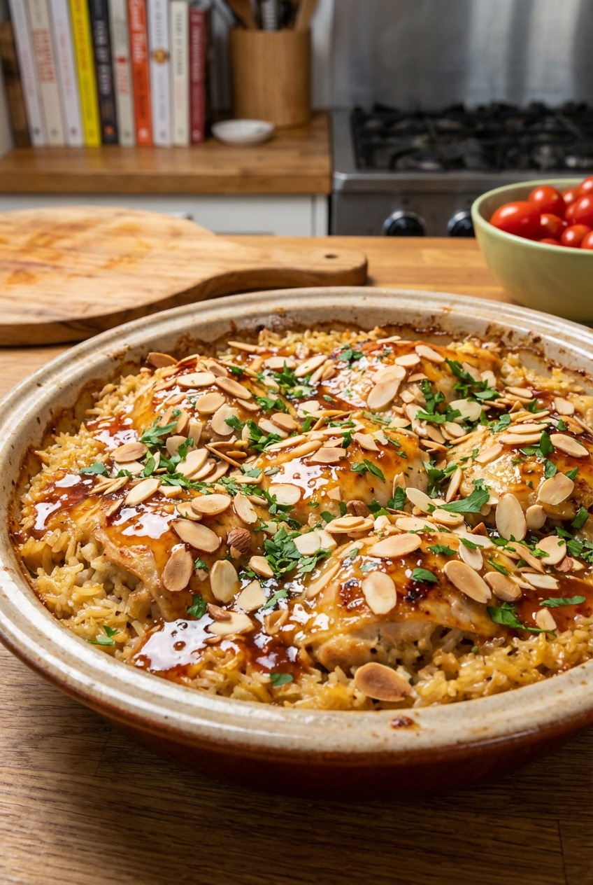 A golden baked chicken and rice casserole in a ceramic dish topped with toasted almonds, chopped herbs, and glossy sweet and spicy sauce