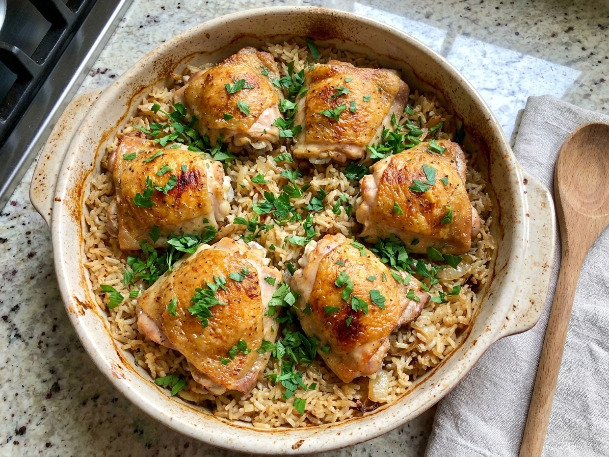A golden baked chicken and rice dish in a ceramic baking pan on a light kitchen counter, with browned chicken thighs nestled into fluffy rice and scattered parsley