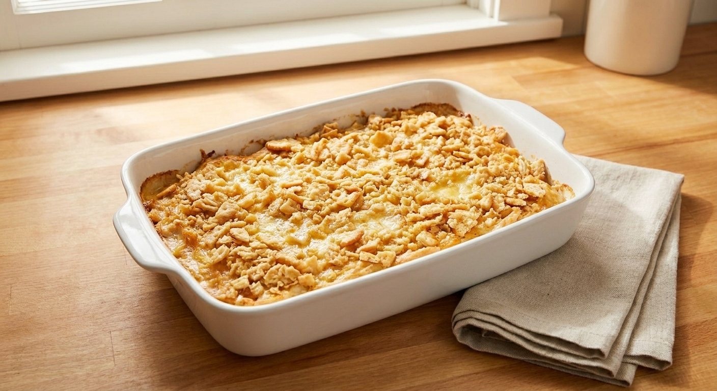 A golden baked chicken casserole in a white ceramic dish with a crisp buttery cracker topping on a wooden table with a simple linen napkin