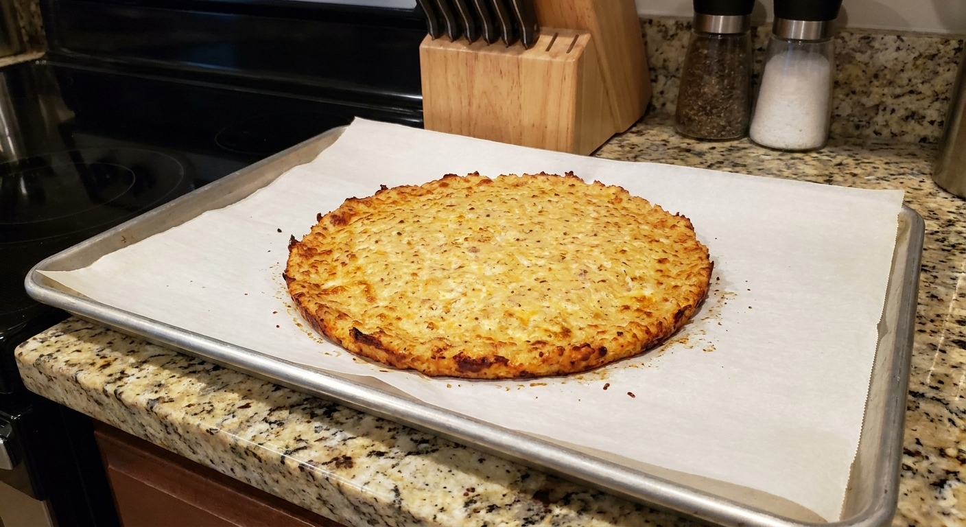 A golden baked chicken crust round on parchment paper on a baking sheet just out of the oven