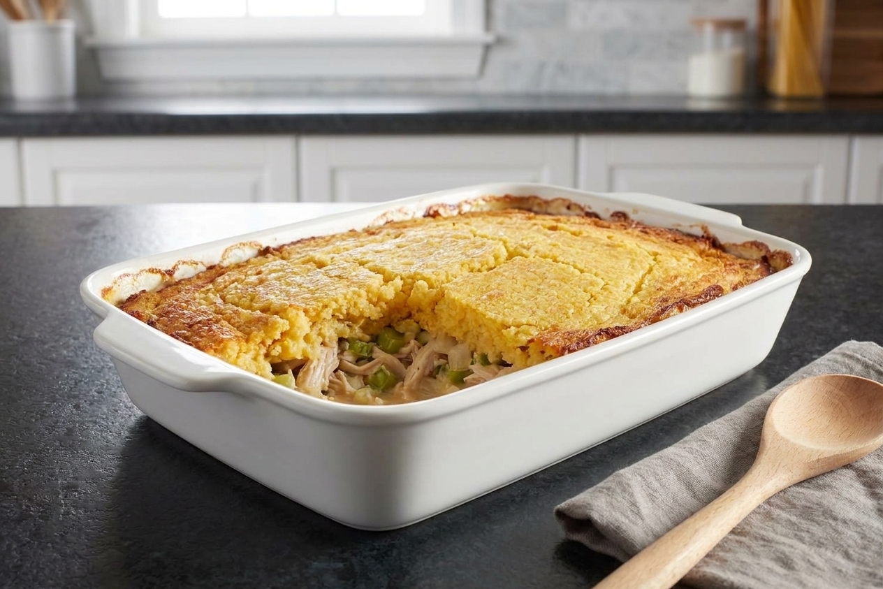 A golden baked chicken dressing casserole in a white ceramic baking dish with crisp cornbread stuffing edges on a warm kitchen counter