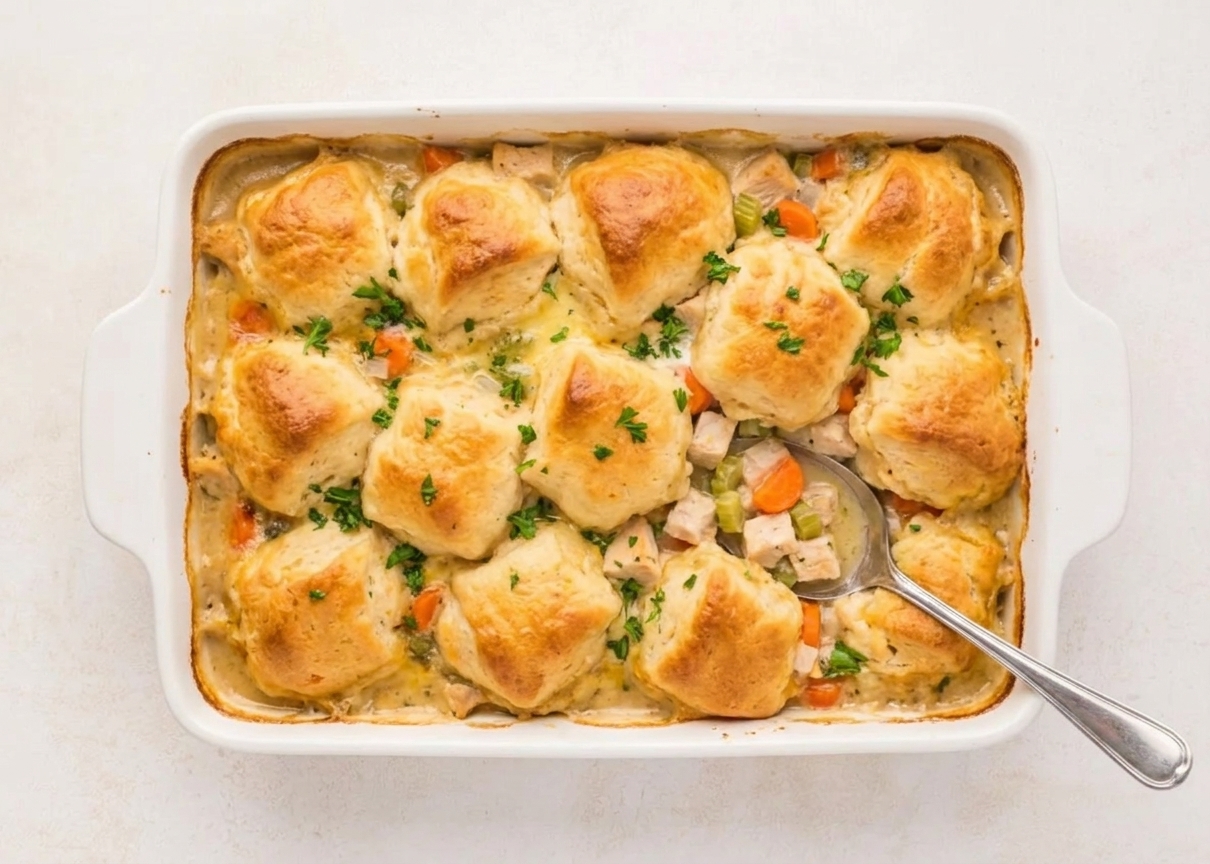A golden baked chicken dumpling casserole in a white ceramic baking dish on a light kitchen counter, with bubbling creamy sauce and browned dumpling tops